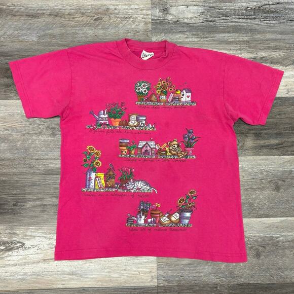 Vintage 90s Simply Basic Flower Garden Pink Womens L Cottagecore Grandma T-Shirt - Picture 2 of 13